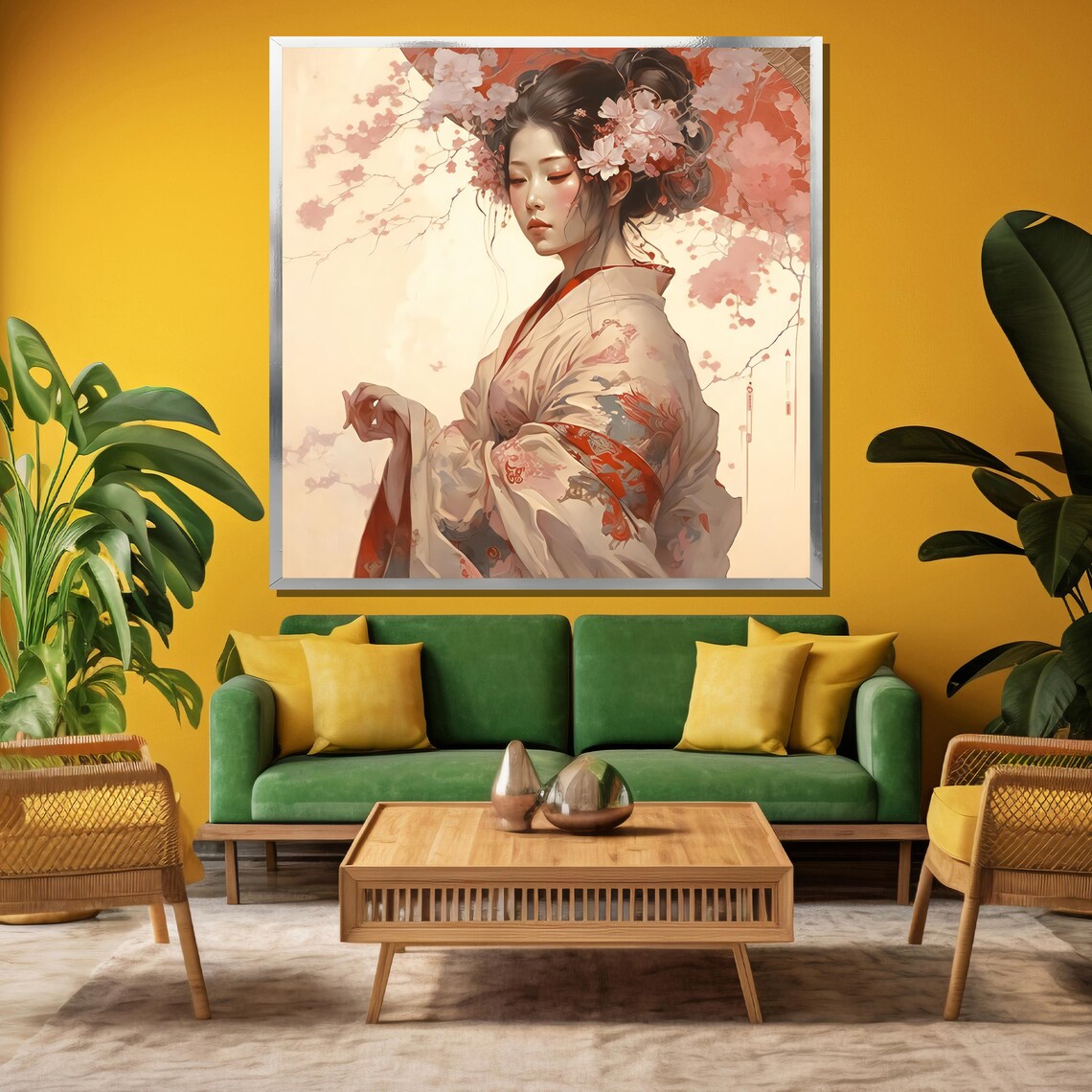 Elegant Geisha In Cherry Blossom Floral Kimono Japanese Art Poster - Image 3