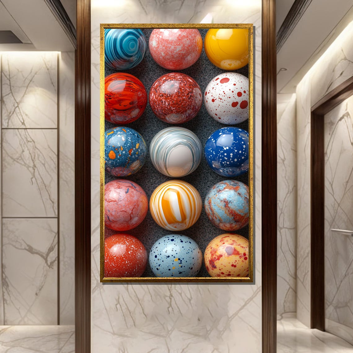Fifteen Marbled Glass Spheres Arranged in a Grid Abstract Poster