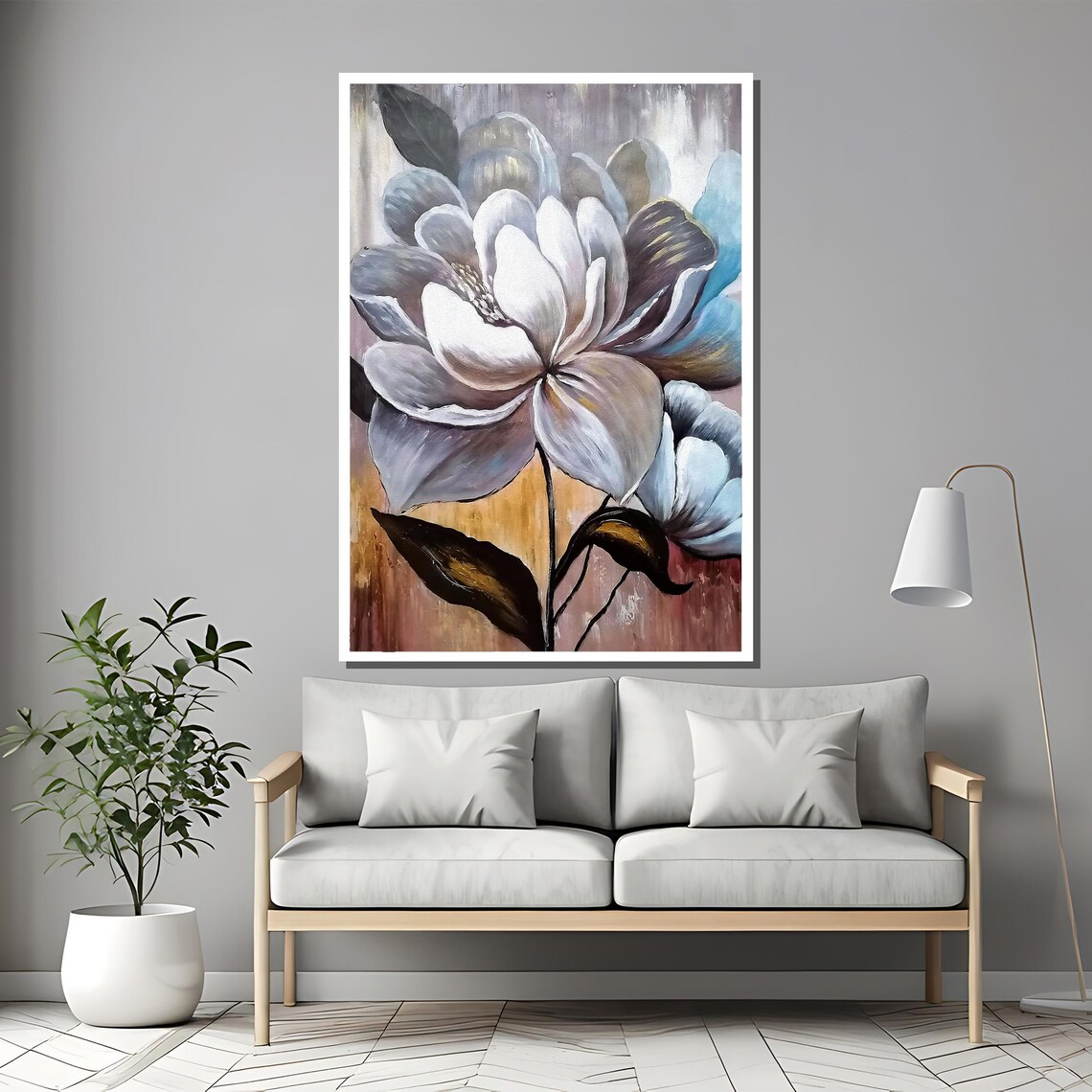 Elegant Neutral White Bloom Soft Gray Floral Painting Poster - Image 2