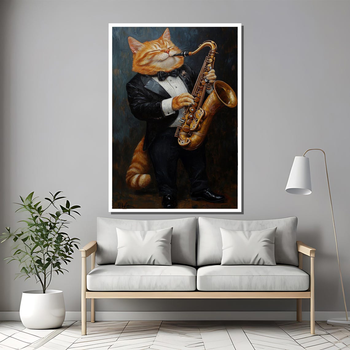 Ginger Cat in a Tuxedo Playing a Golden Saxophone Jazz Poster - Image 2