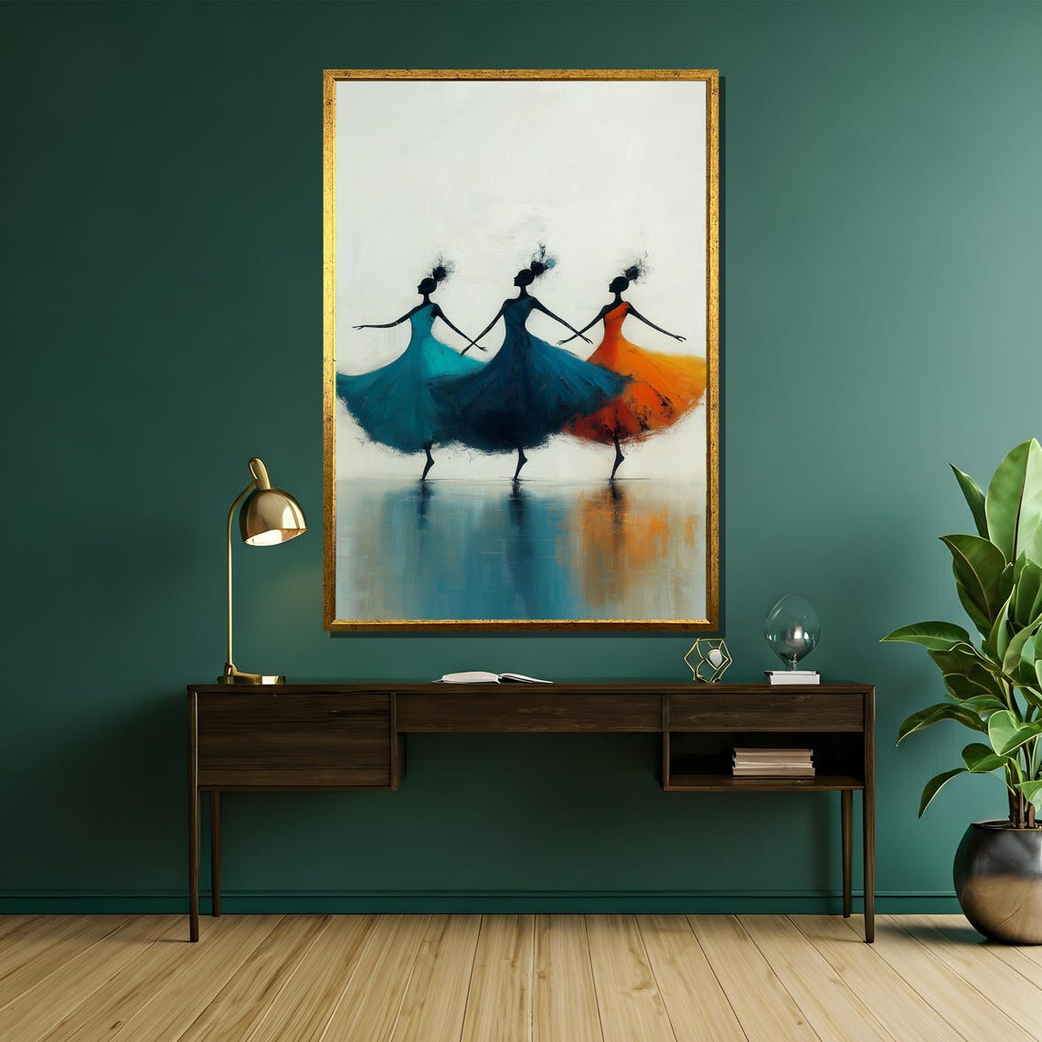 Three Dancers in Teal Orange Dresses Elegant Dance Art Poster - Image 5