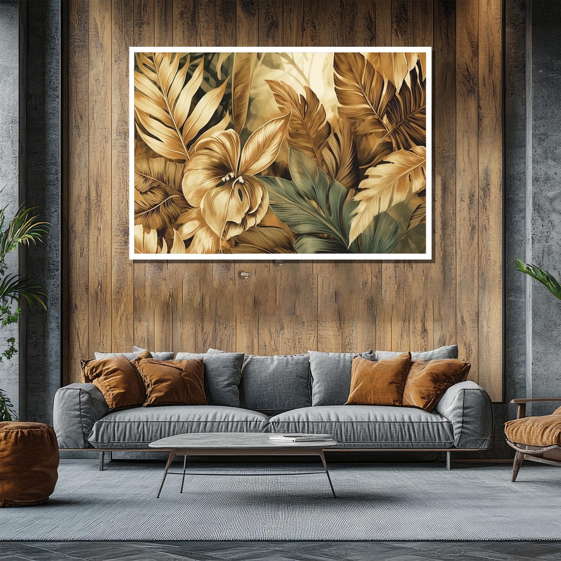Golden Tropical Leaves and Bloom Botanical Wall Painting Poster - Image 2