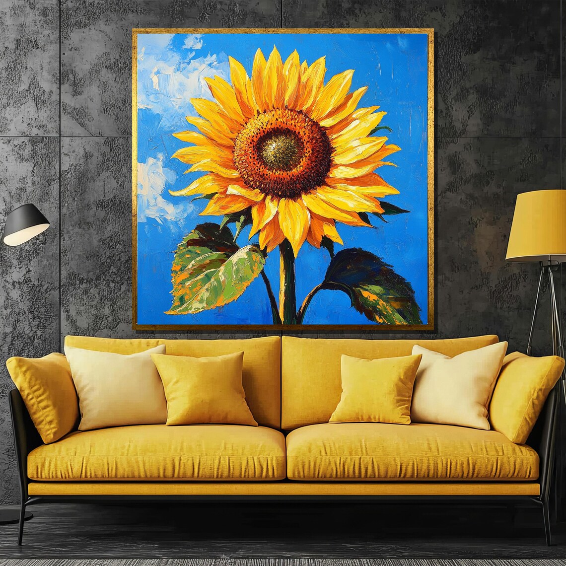 Bright Sunflower Against Blue Sky Cheerful Floral Painting Poster