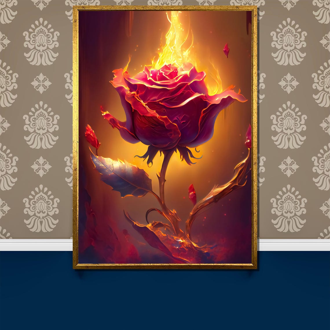 Burning Red Rose Engulfed In Flames Passionate Dramatic Poster