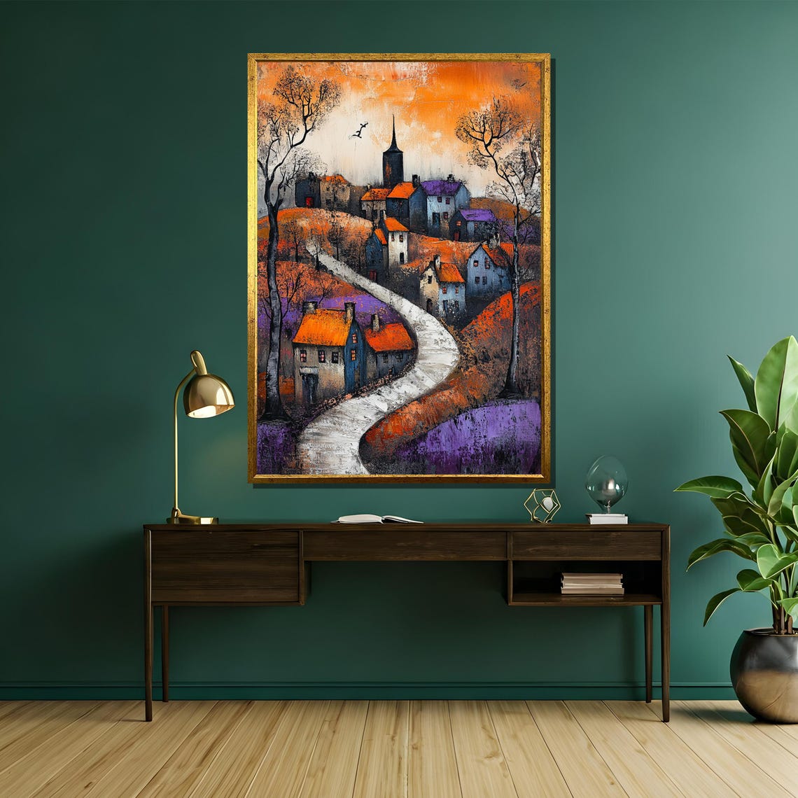Village with Winding Path Orange Purple Sunset Landscape Poster - Image 5