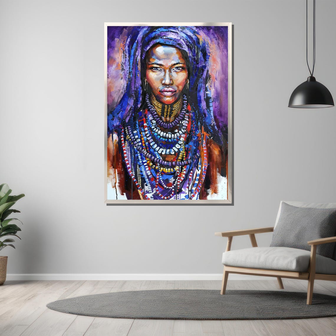 Tribal Woman With Beaded Necklaces Blue Veil Painterly Art Poster - Image 3