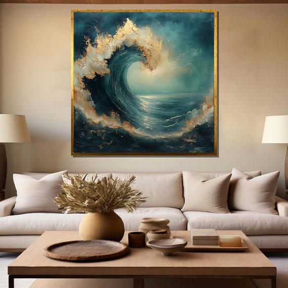 Stunning Ocean Wave Painting With Gold Highlights Perfect Nautical Art Gift For Living Room And Coastal Home Decor