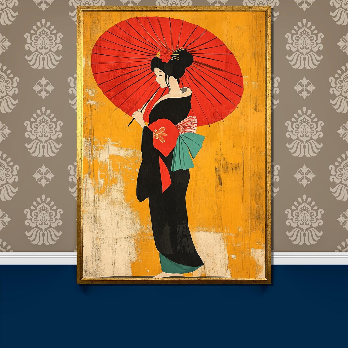 Vintage Geisha With Red Parasol On Ochre Japanese Art Poster