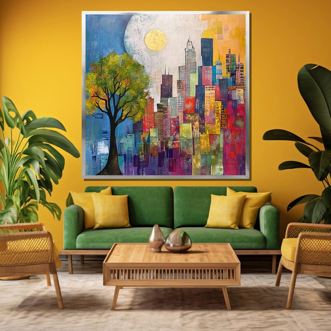 Colorful City Skyline With Tree and Golden Sun Mosaic Poster - Image 4