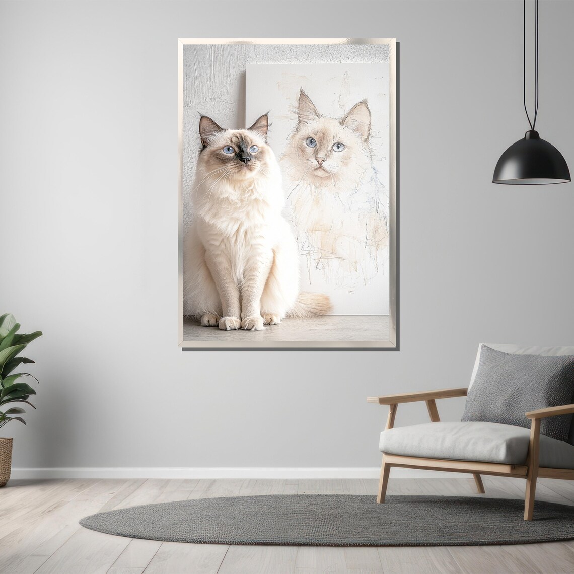 Blue Eyed Beauty White Cat Posing Beside Its Own Sketch Poster - Image 3