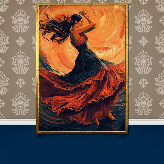 Fiery Flamenco Dancer Painting Passionate Spanish Dance Art Gift Bold Wall Decor For Home Vibrant Dance Artwork