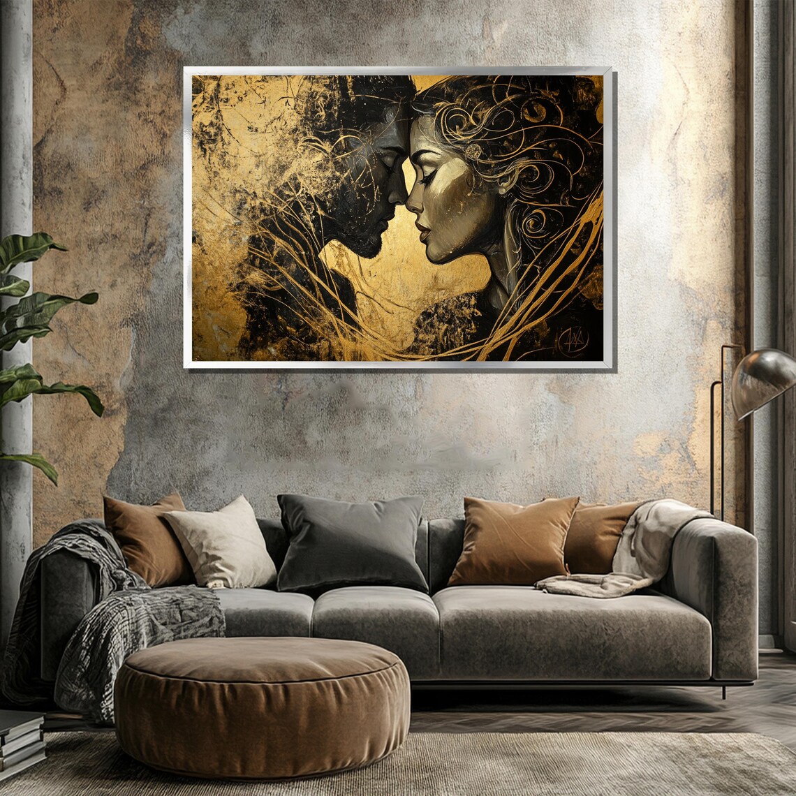 Golden Embrace Black Gold Romantic Couple Faces Art Nouveau Poster - Image 3