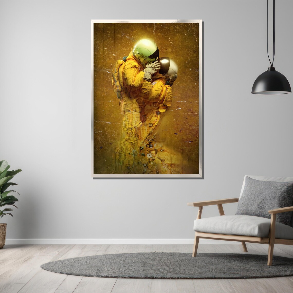 Two Astronauts Embracing In Golden Klimt Inspired Swirling Light Poster - Image 3