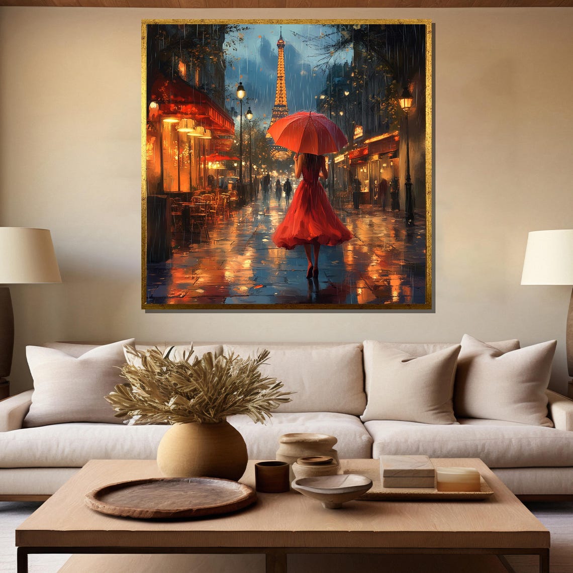 Woman in Red Dress with Umbrella Rainy Paris Night Art Poster - Image 5