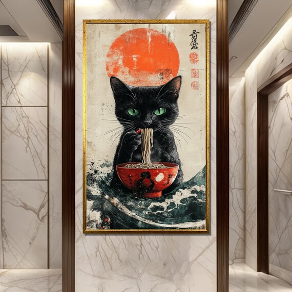 Japanese Black Cat Eating Ramen Red Sun Funny Playful Art Poster