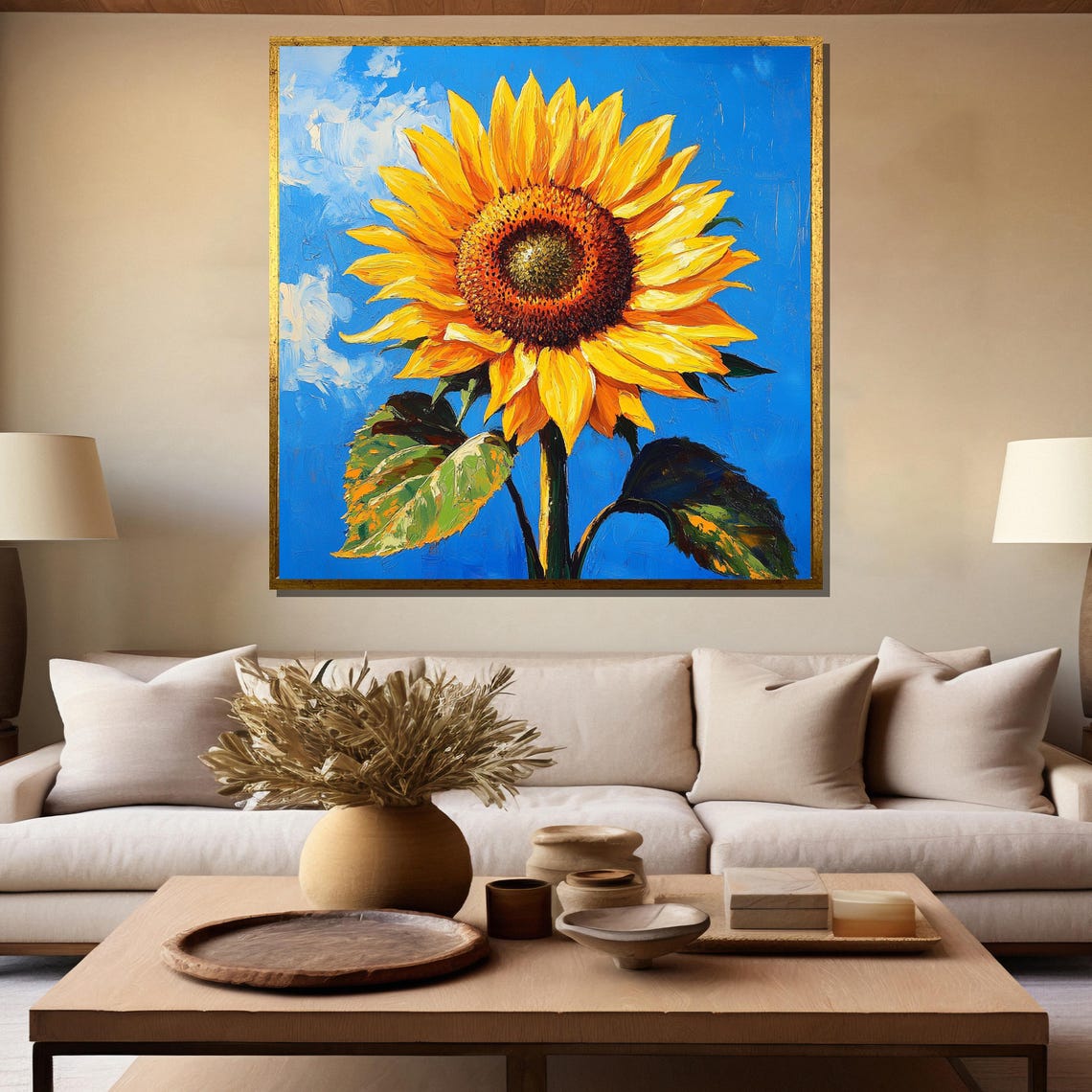 Bright Sunflower Against Blue Sky Cheerful Floral Painting Poster - Image 5