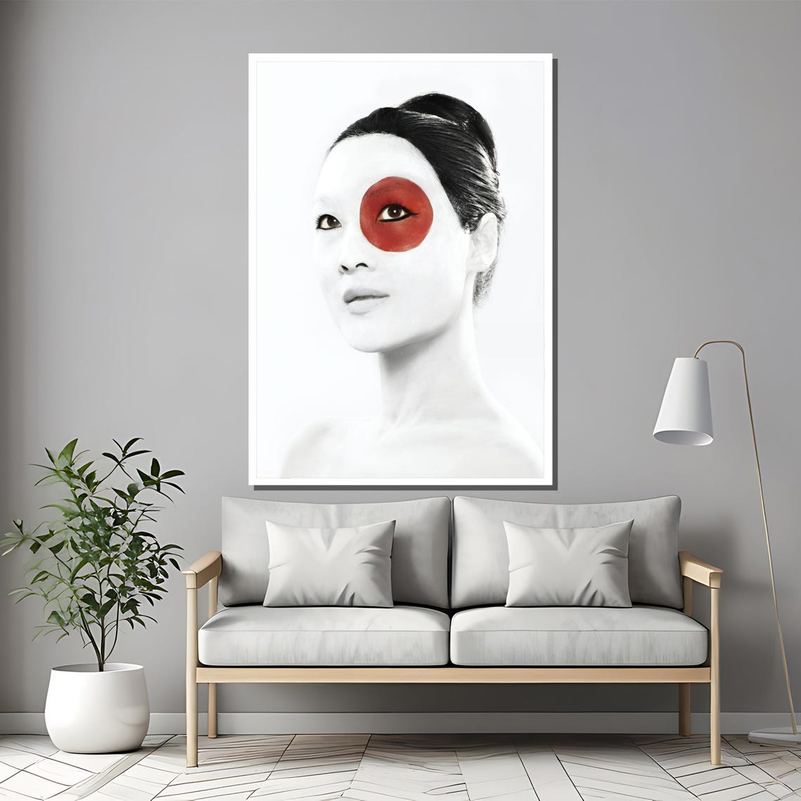 Black And White Japanese Woman Portrait Red Sun Eye Accent Poster - Image 2