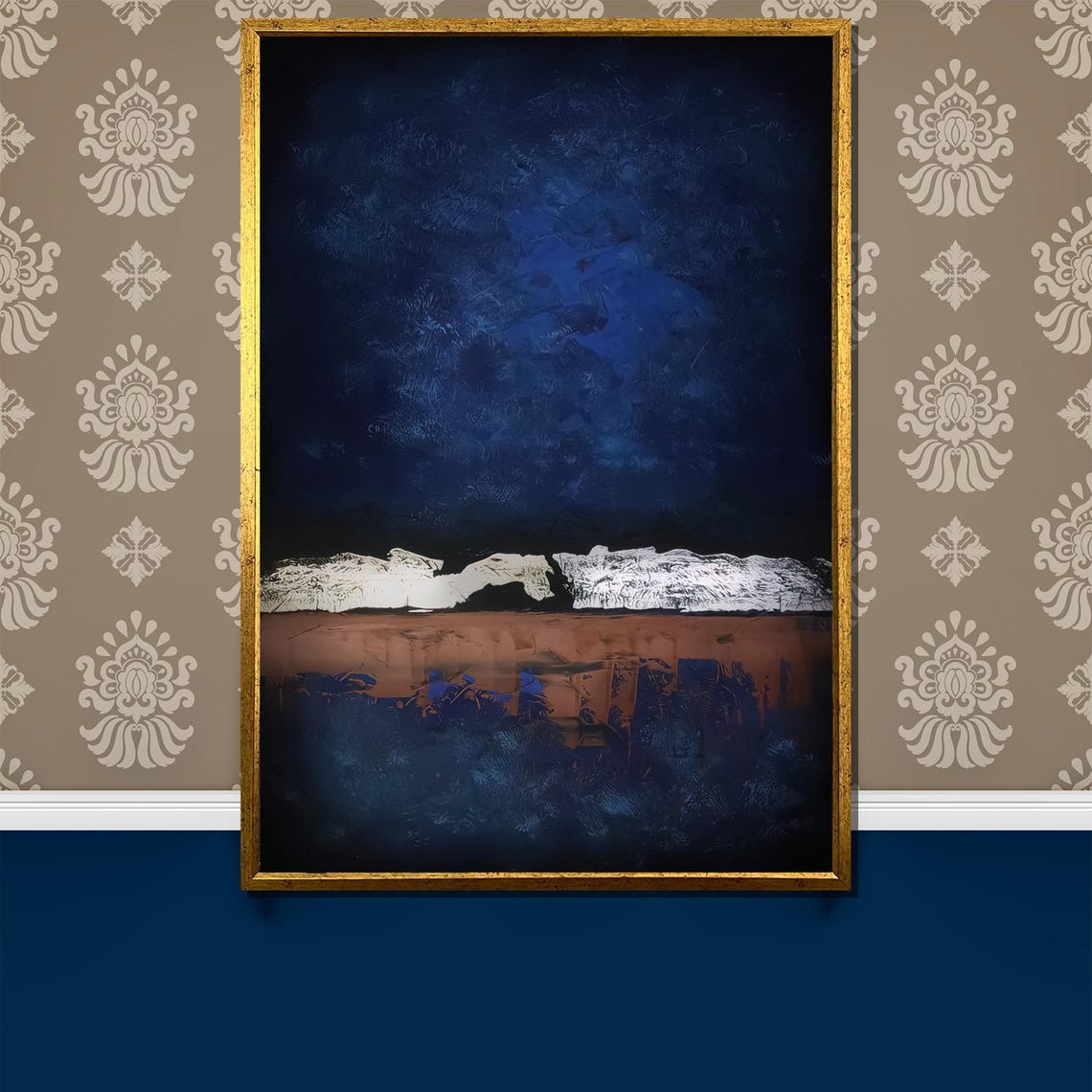 Deep Blue Abstract White Horizon Earth Tone Modern Art Poster