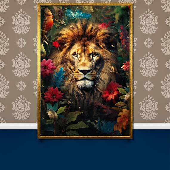Majestic Lion Surrounded By Lush Tropical Flowers And Leaves Poster
