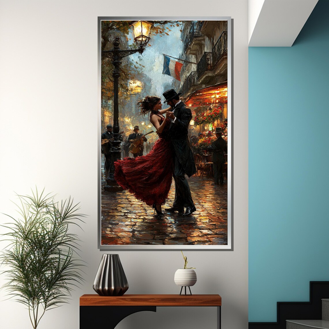 Couple Dancing On Rainy Paris Street French Flag Night Art Poster - Image 3