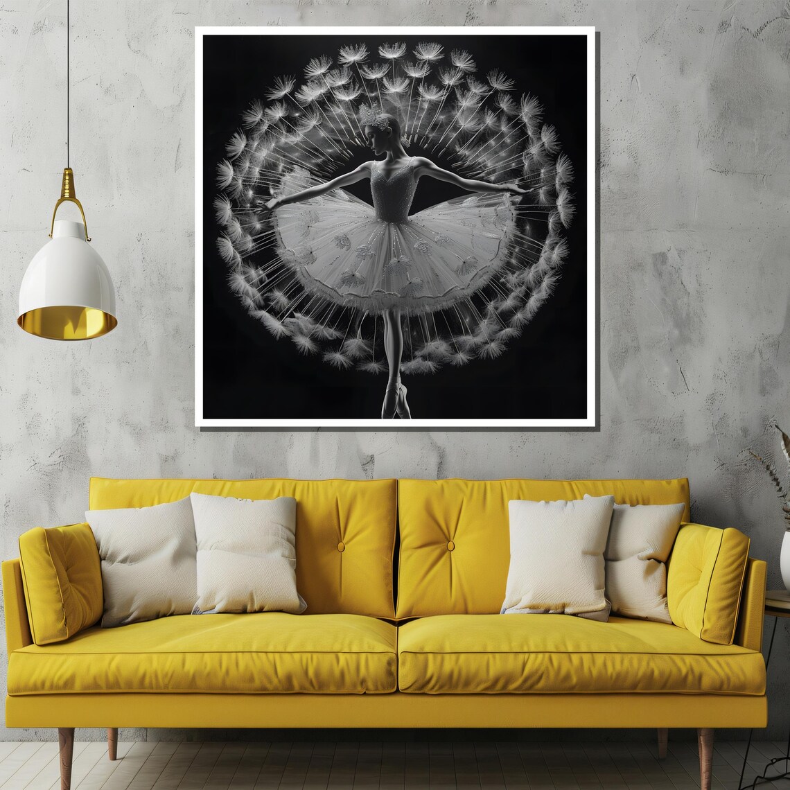 Ballerina Dandelion Fusion Black and White Whimsical Art Poster - Image 2