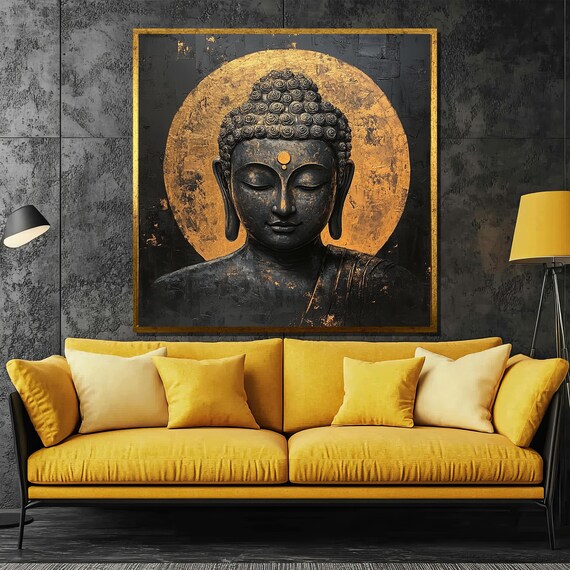 Black Buddha Head with Gold Halo Serene Meditation Decor Poster