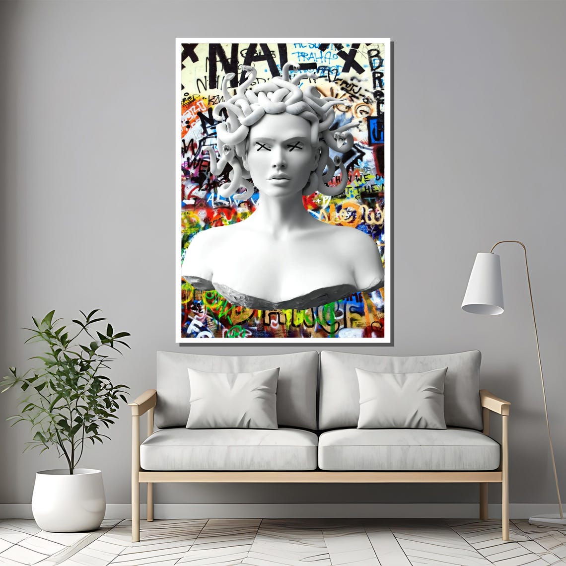 White Medusa Marble Bust Against Colorful Graffiti Wall Poster - Image 2