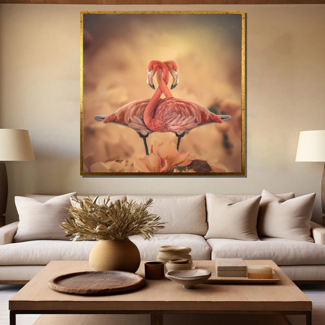 Two Flamingos with Necks Forming a Heart Romantic Painting Poster - Image 5