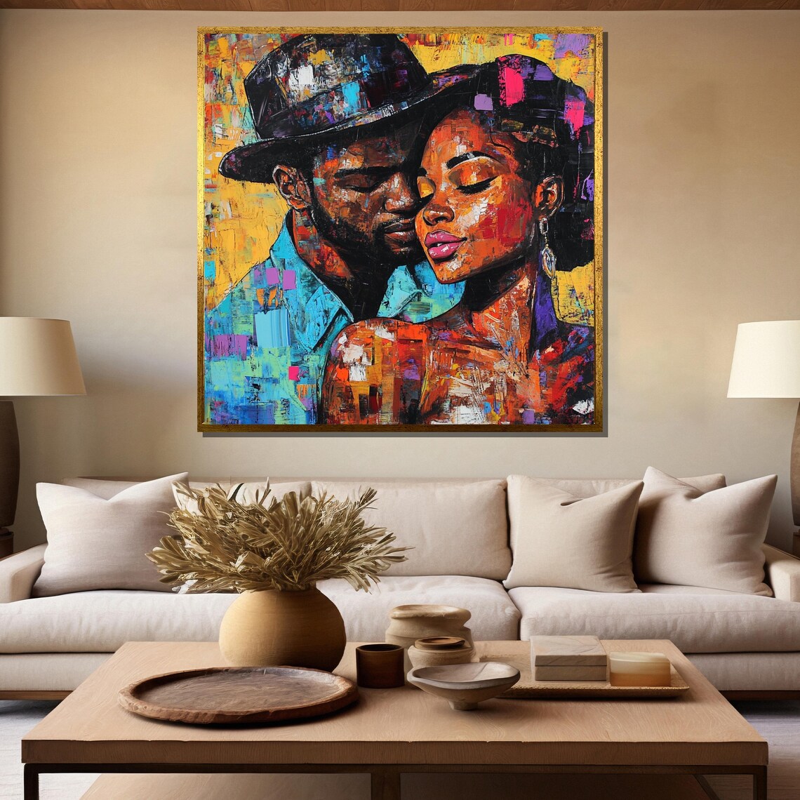 Romantic Afrocentric Couple Embrace Colorful Abstract Art Poster - Image 5