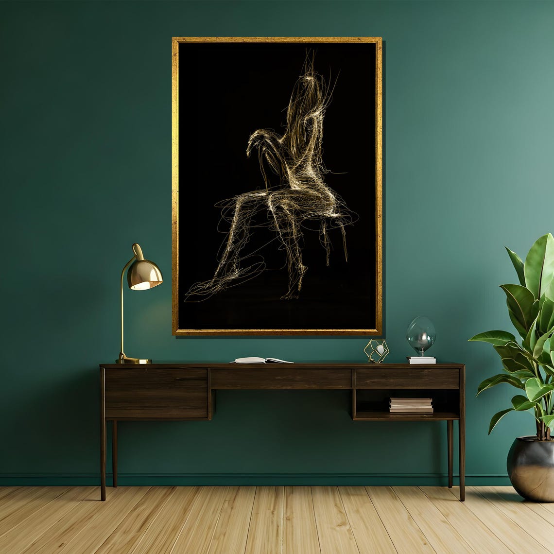 Abstract Gold Line Art Nude Silhouette on Black Background Poster - Image 5