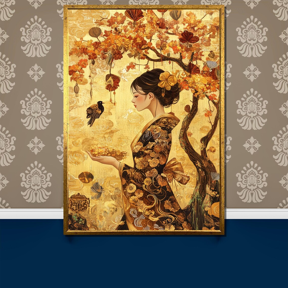 Golden Kimono Woman Beneath Blazing Autumn Tree Japanese Art Poster