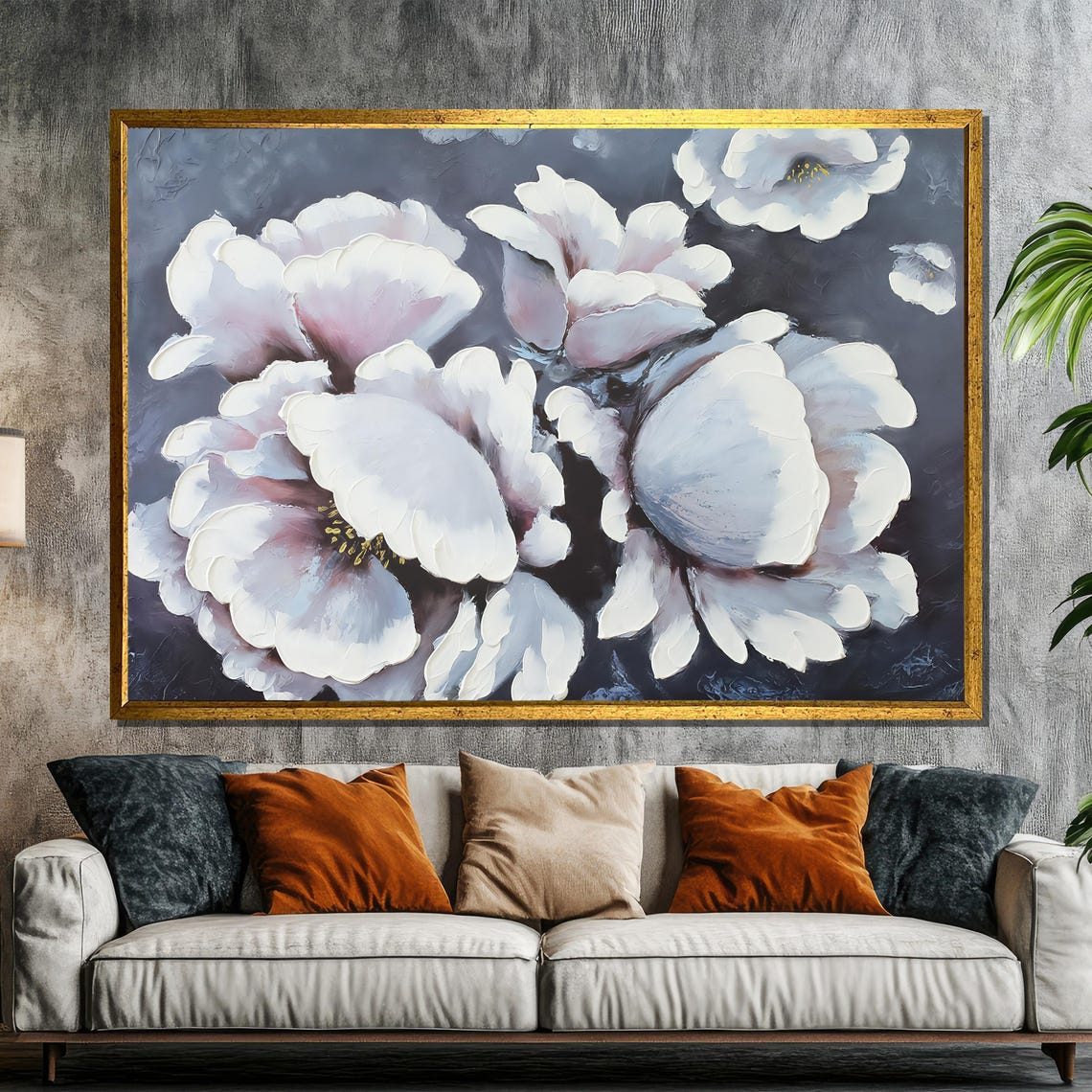 White Peony Bouquet Painting on a Dark Charcoal Background Poster