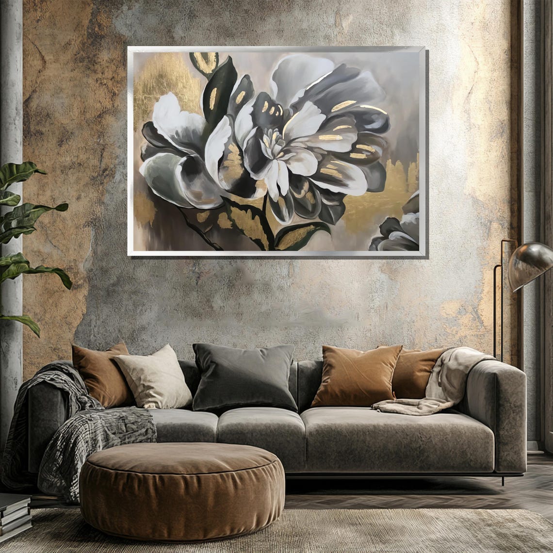 Monochrome Magnolia Bloom with Gold Accents in a Modern Floral Poster - Image 3