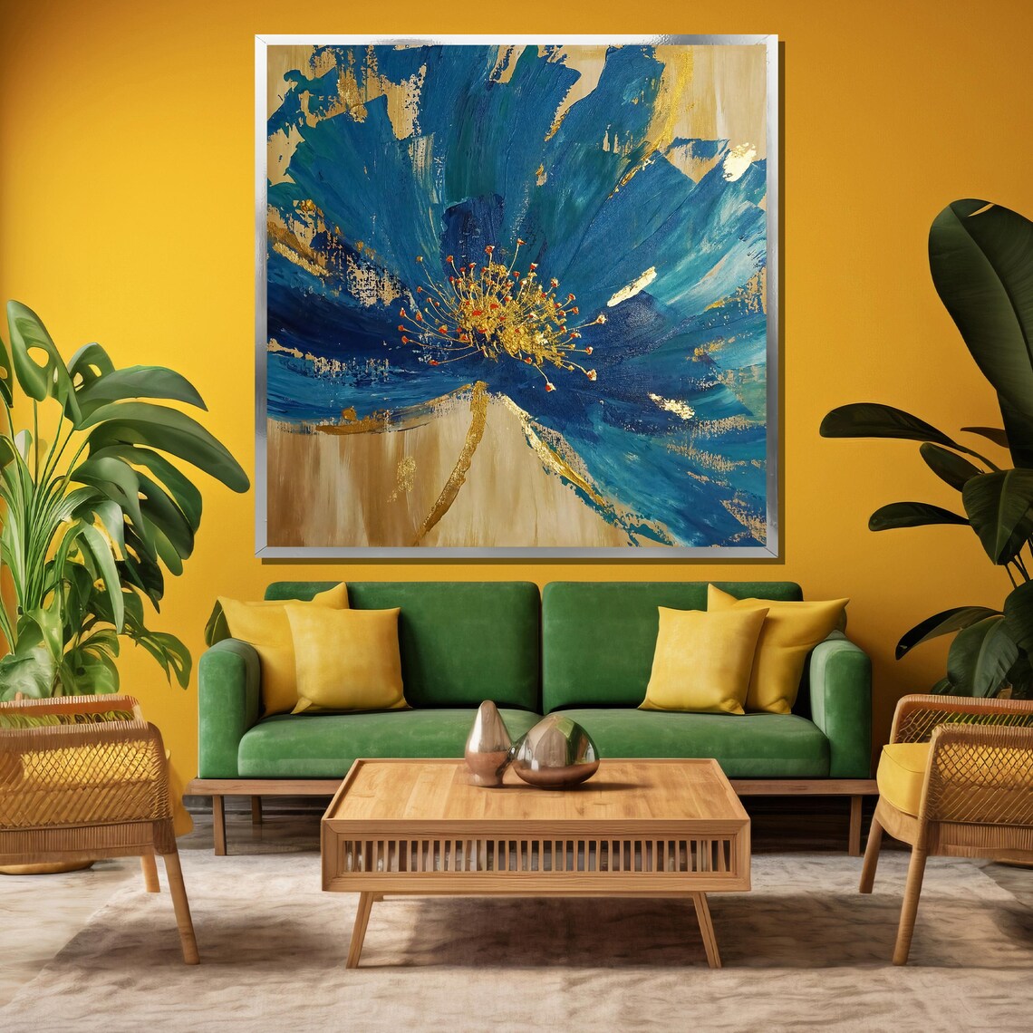Abstract Blue Flower With Gold Center Modern Floral Art Poster - Image 3