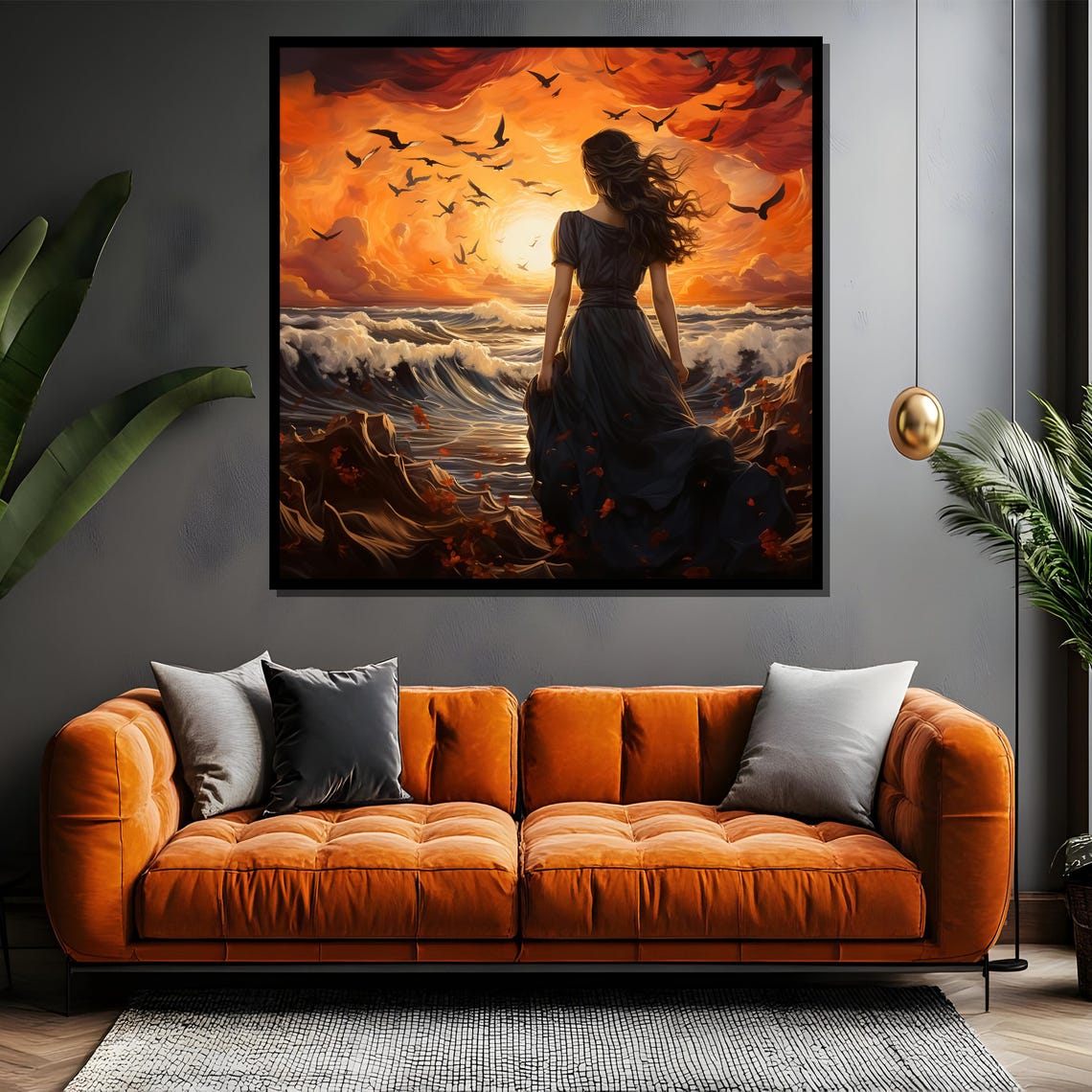 Woman Before Sunset Ocean Waves Seabirds Drama Painting Poster - Image 4