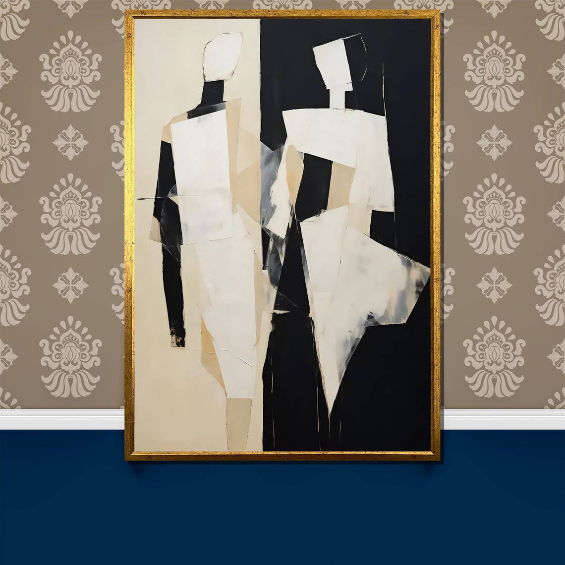 Contemporary Black And White Abstract Figures Painting Minimalist Art Gift For Modern Home Decor With Bold Geometric Style