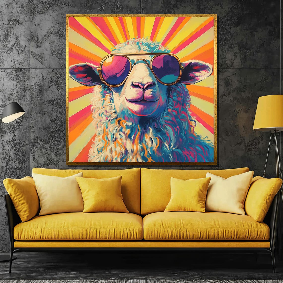 Retro Sheep in Sunglasses Over a Psychedelic Sunburst Poster
