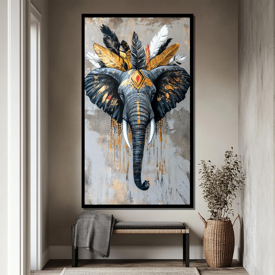 Tribal Crown Boho Elephant With Feather Headdress Ethnic Art Poster - Image 4