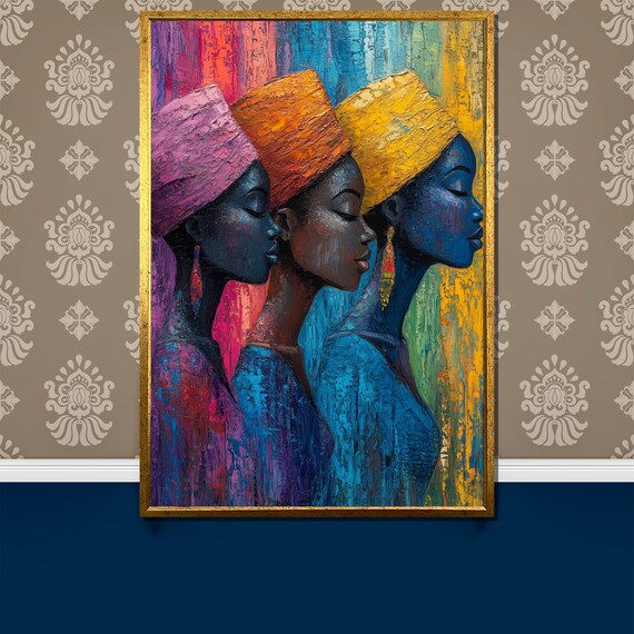 Colorful African Women Painting Abstract Ethnic Trio Portrait Wall Art Gift Vibrant Afro Cultural Decor For Modern Homes