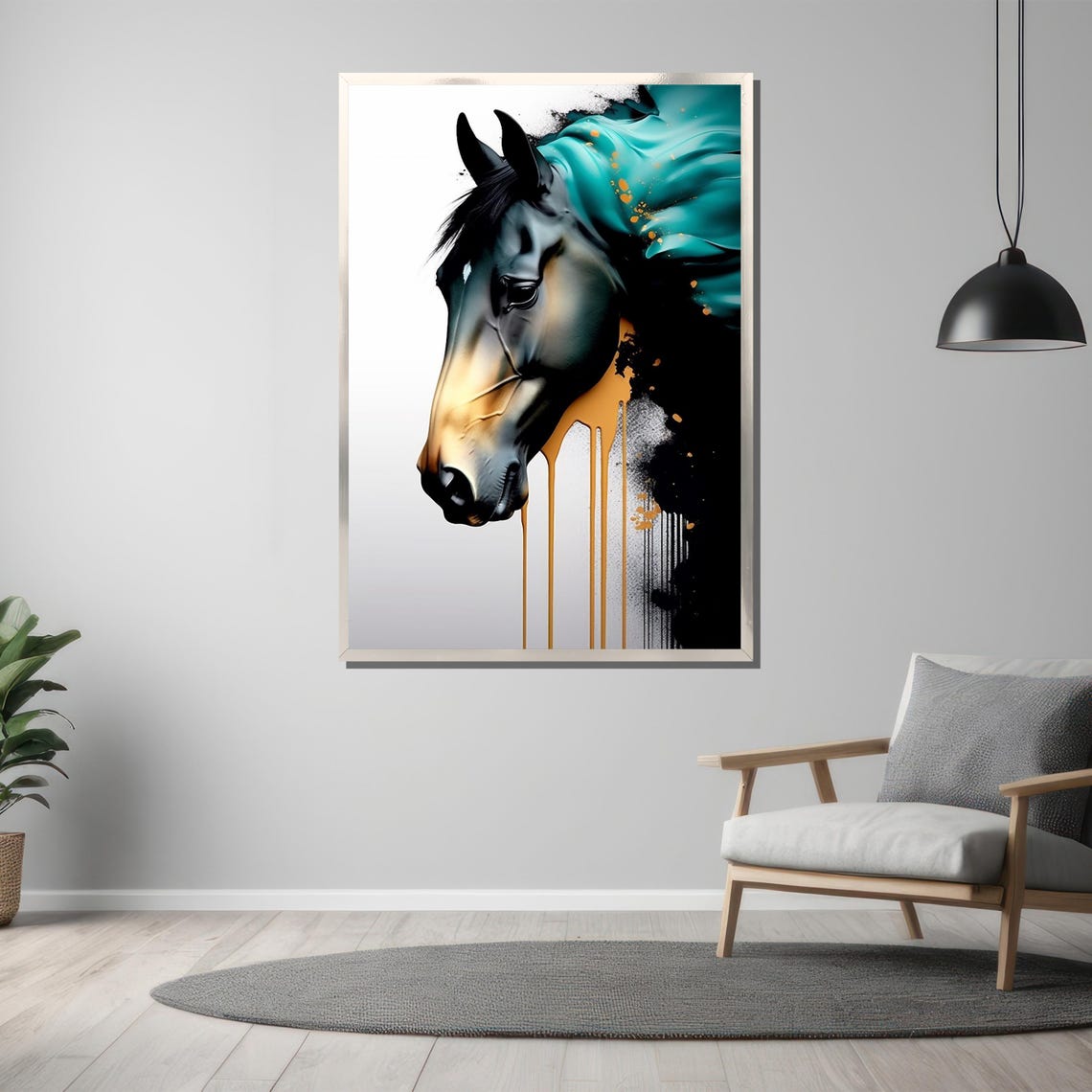 Abstract Horse Head Teal Mane with Gold Drip Modern Art Poster - Image 3