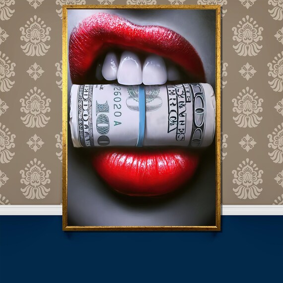 Bold Red Lips With Money Roll Painting Statement Gift For Modern Wall Art And Luxury Home Decor Enthusiasts