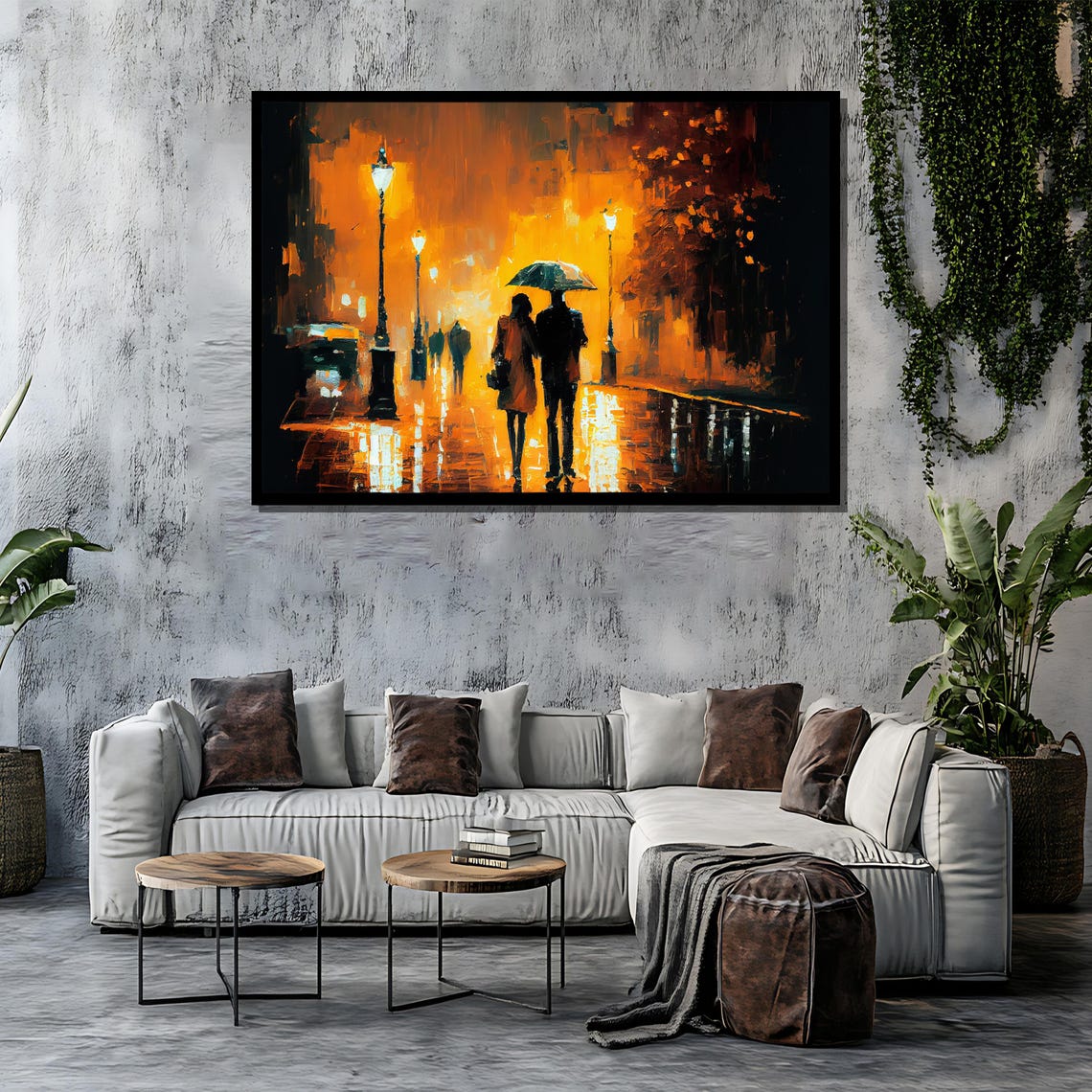 Rainy Night Romance Couple Under Umbrella Warm Golden Art Poster - Image 4