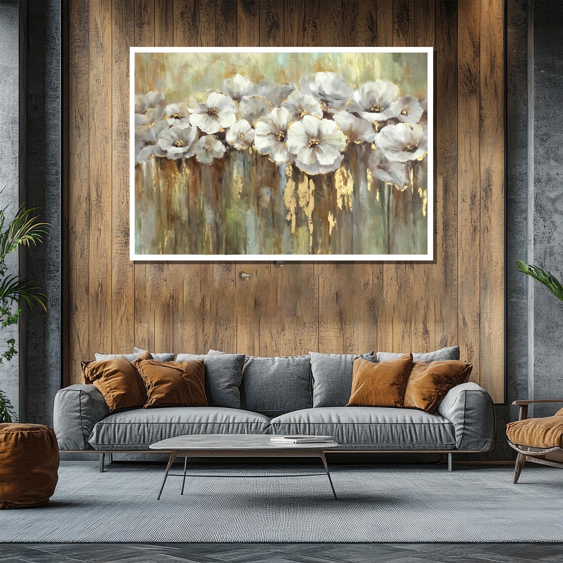 White Flowers With Gold Accents Abstract Green Gold Art Poster - Image 2