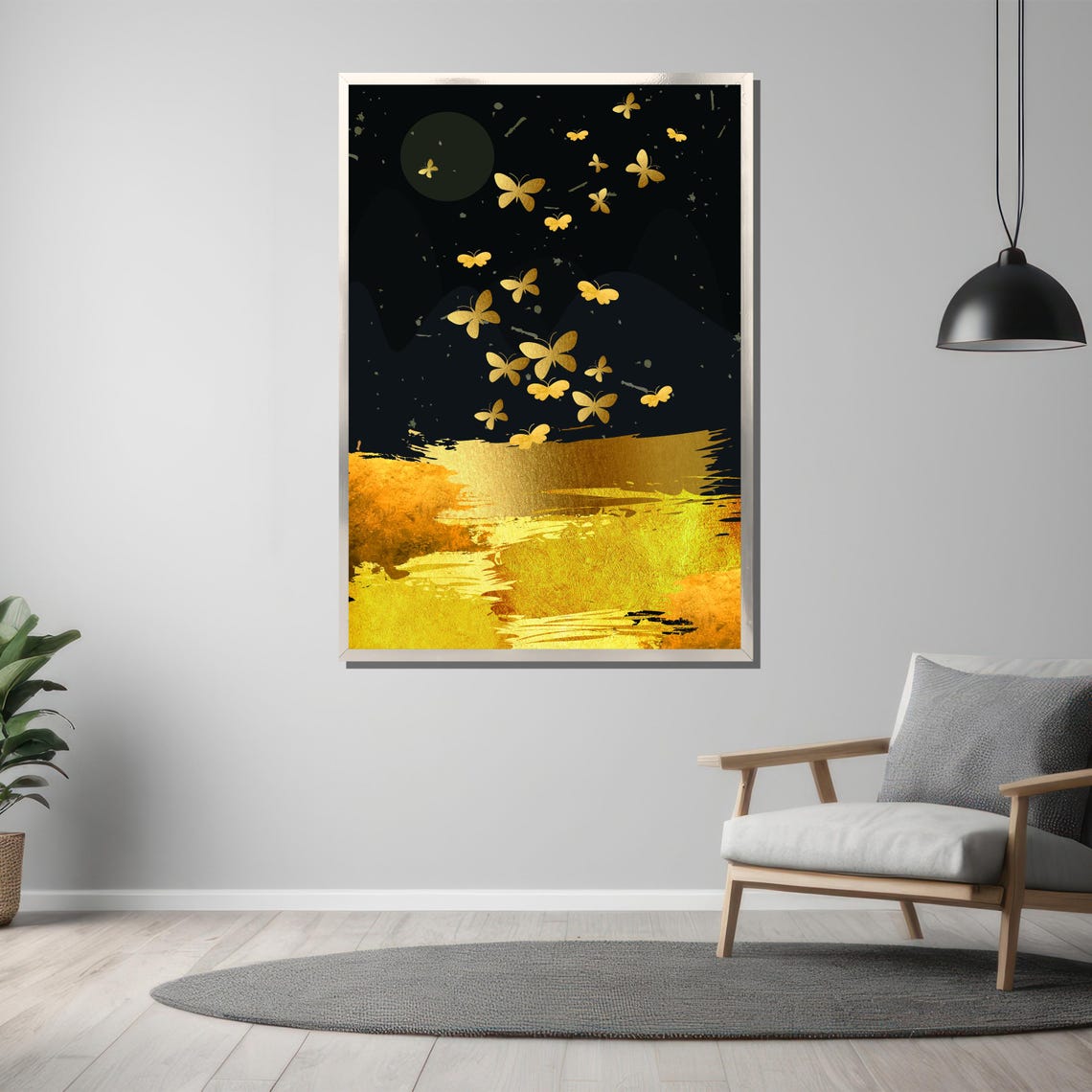 Golden Butterfly Flight Over Midnight Black and Gold Abstract Poster - Image 3