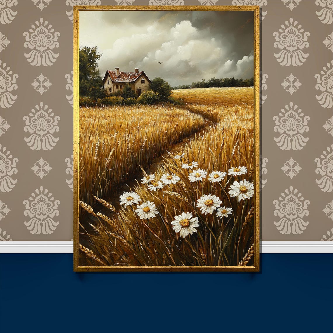 Golden Wheat Field Farmhouse Path with Daisies Painting Poster