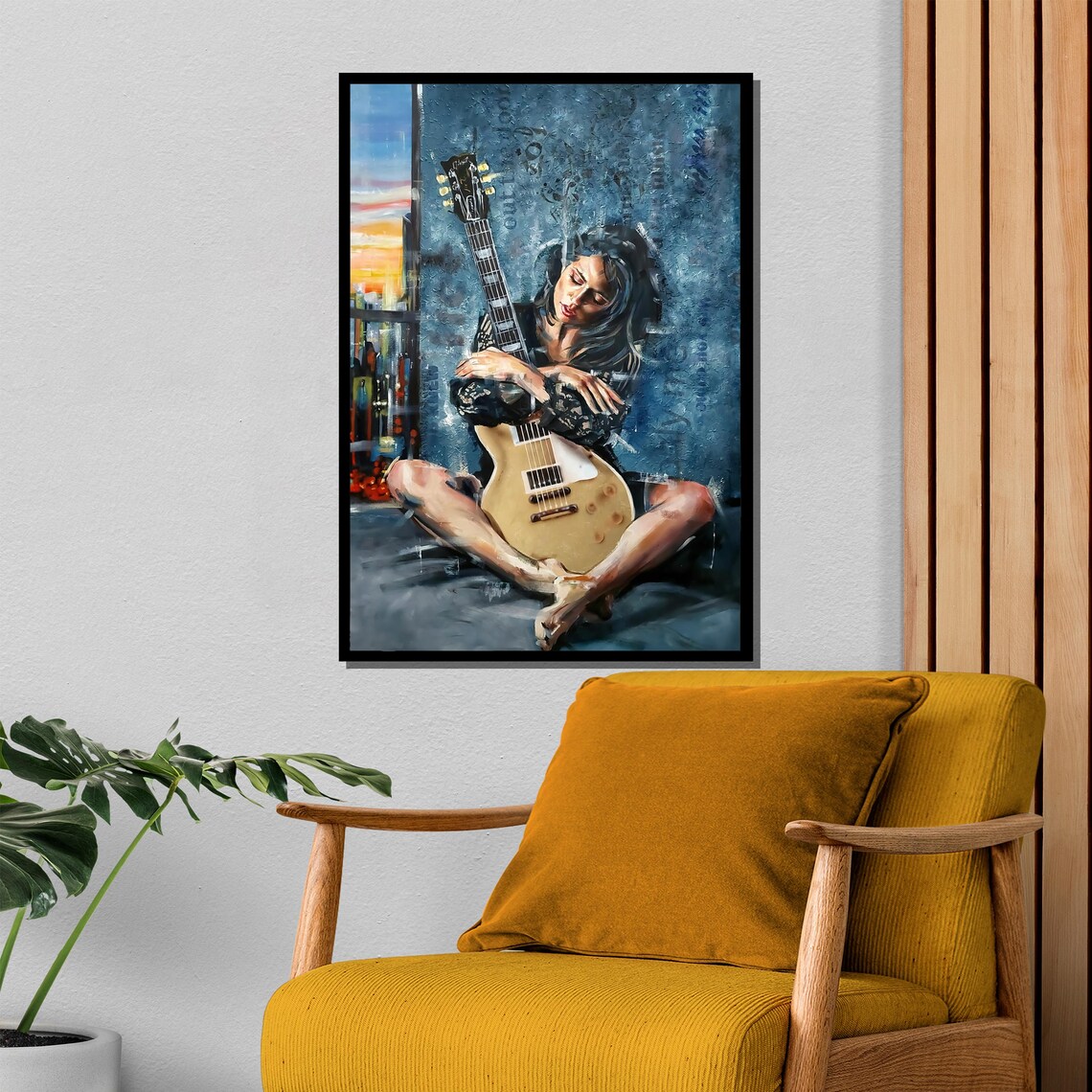 Melancholic Woman Embracing Electric Guitar Blue Painting Poster - Image 4