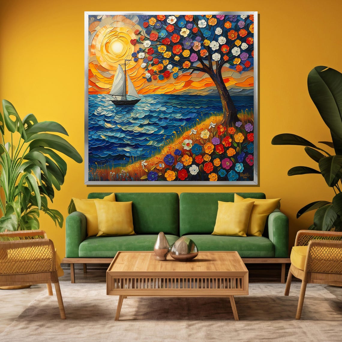 Colorful Floral Tree by the Sea With Sailboat Mosaic Style Poster - Image 3