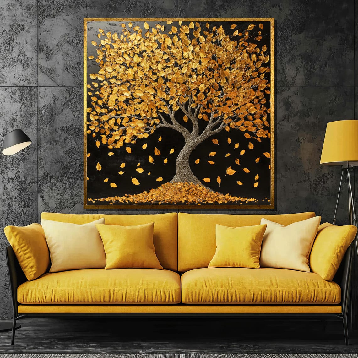 Golden Autumn Tree With Falling Leaves On Black Night Poster