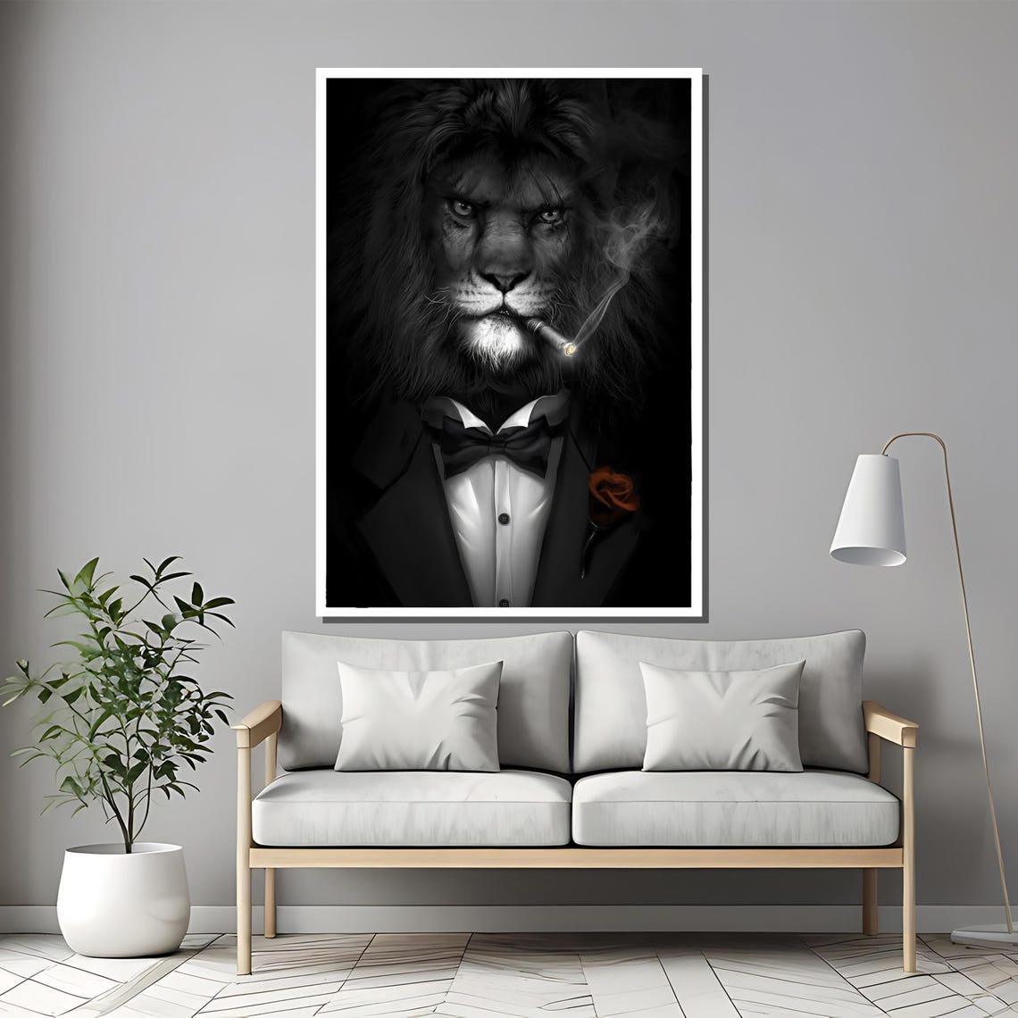 Lion Gangster Tuxedo Cigar Red Rose Funny Animal Artwork Poster - Image 2