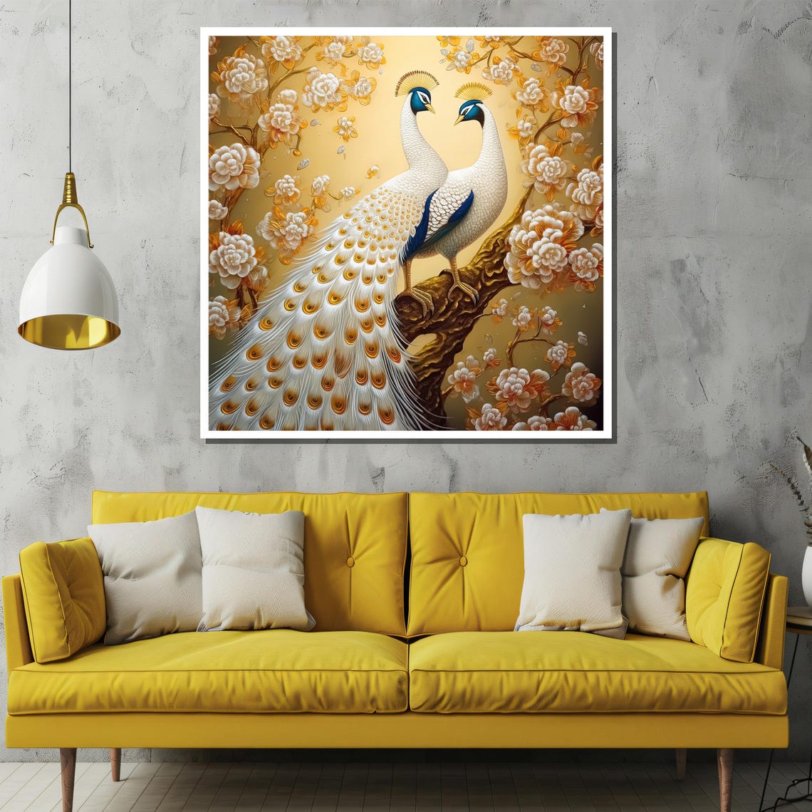Pair Of White Peacocks Among Golden Blossoms And Branches Poster - Image 2